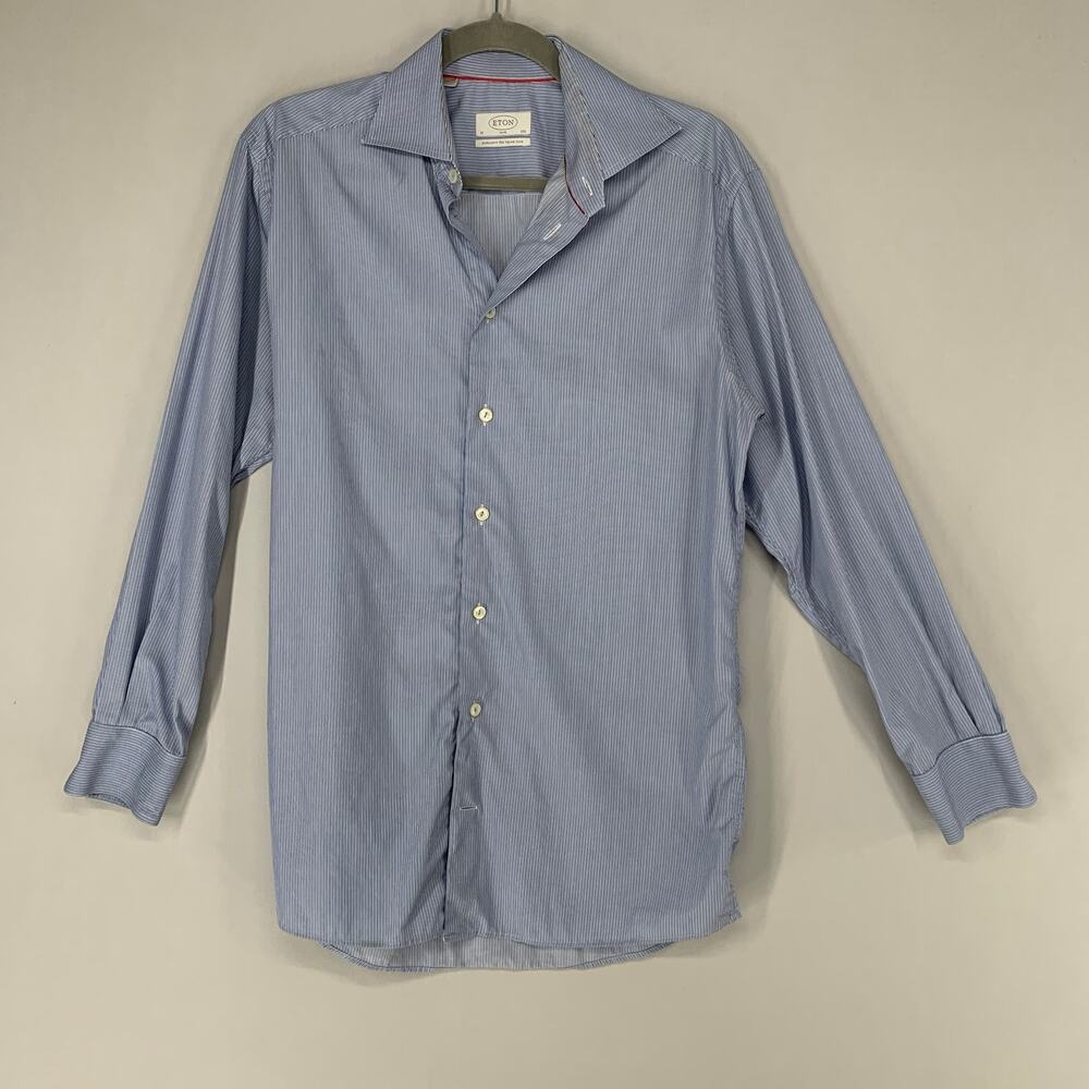Eton Men Dress Shirt 39 15.5 Blue Striped Long Sleeve Button Up Workwear *